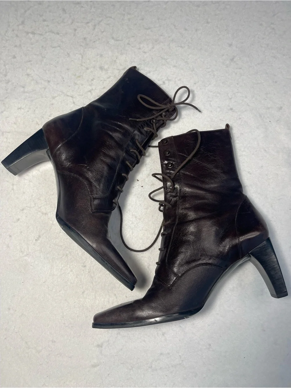 Etienne Aigner Brown Leather Lace-Up Ankle Boots Square Toe Block Heel Size 9W